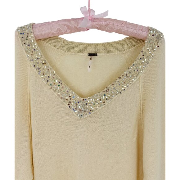 Vintage Free People Sequin V-Neck Cream Knit Sweater | Luxe Boho Soft Girl Y2K S - Picture 4 of 15